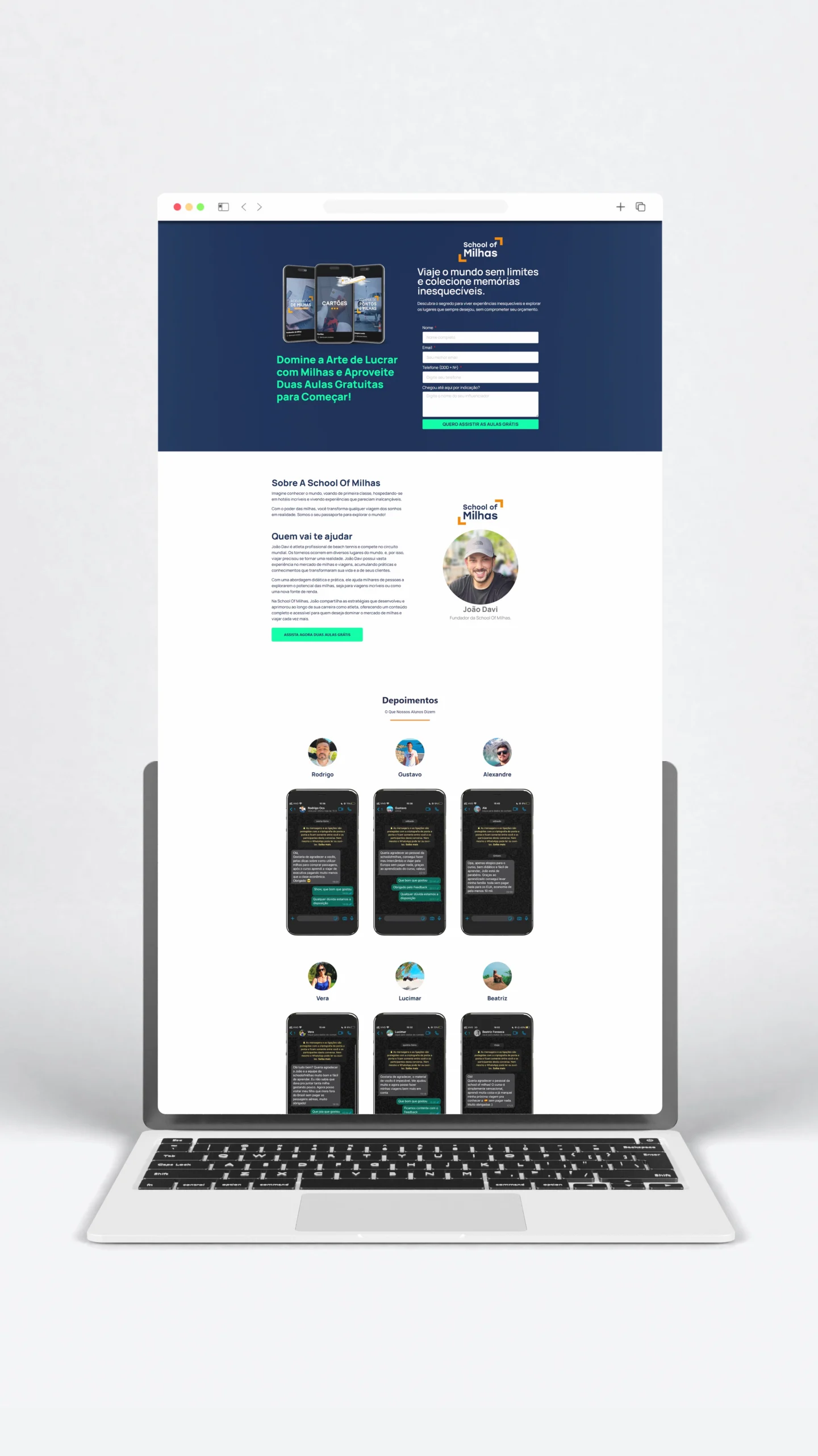 visualização da experiência desktopda landing page da school of milhas
