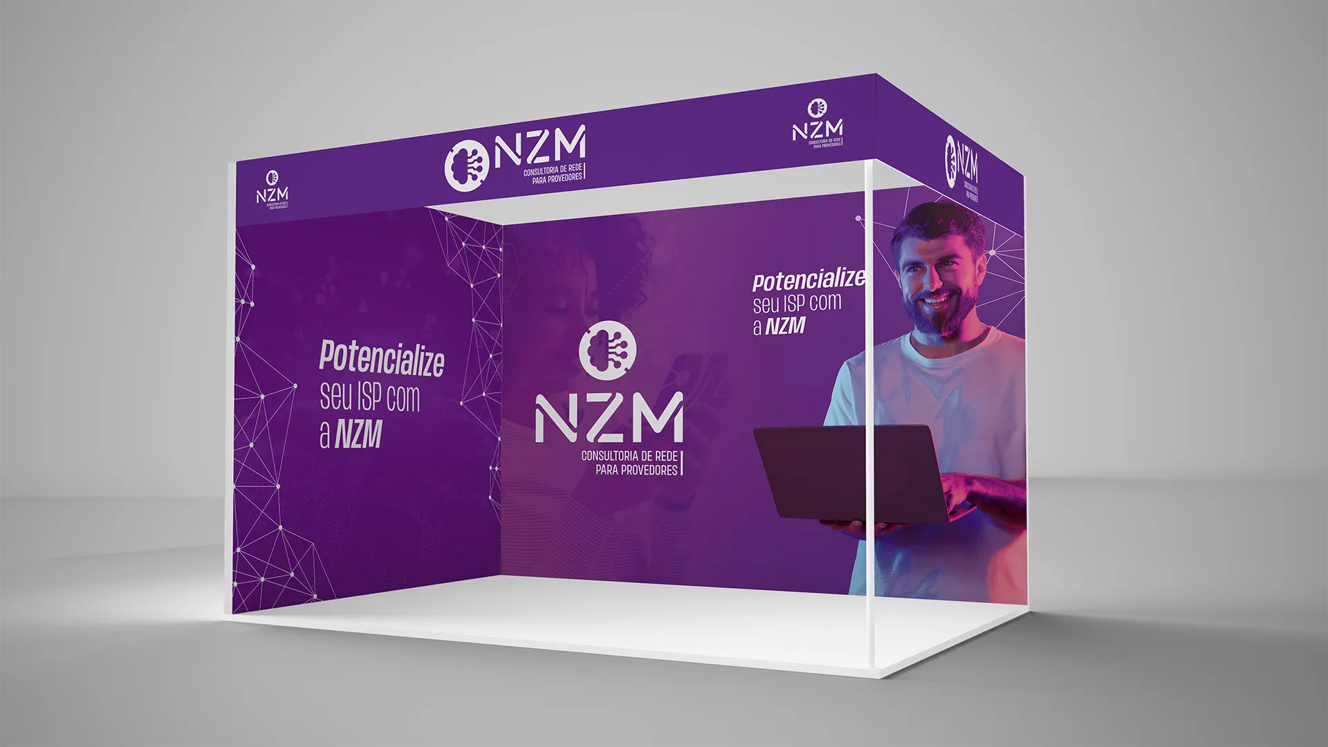 Conceito de estande 01 com comunicação visual para eventos NZM Consultoria.