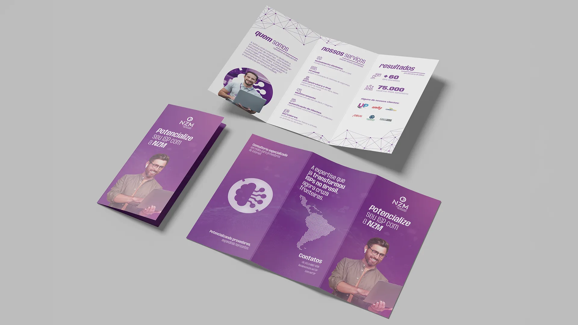Folder duas dobras com apresentação institucional NZM Consultoria de ISPs