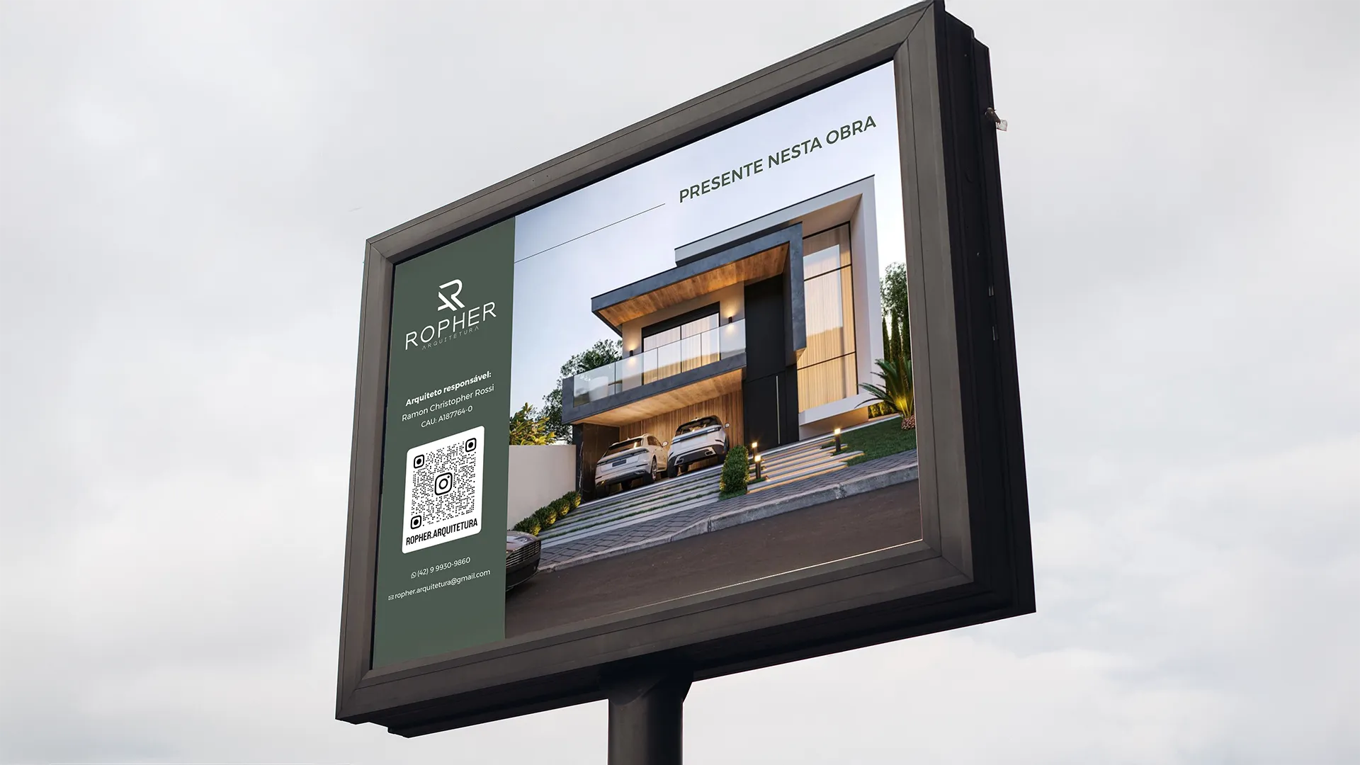 Aplicação de identidade visual em placa de obra e sinalização externa.