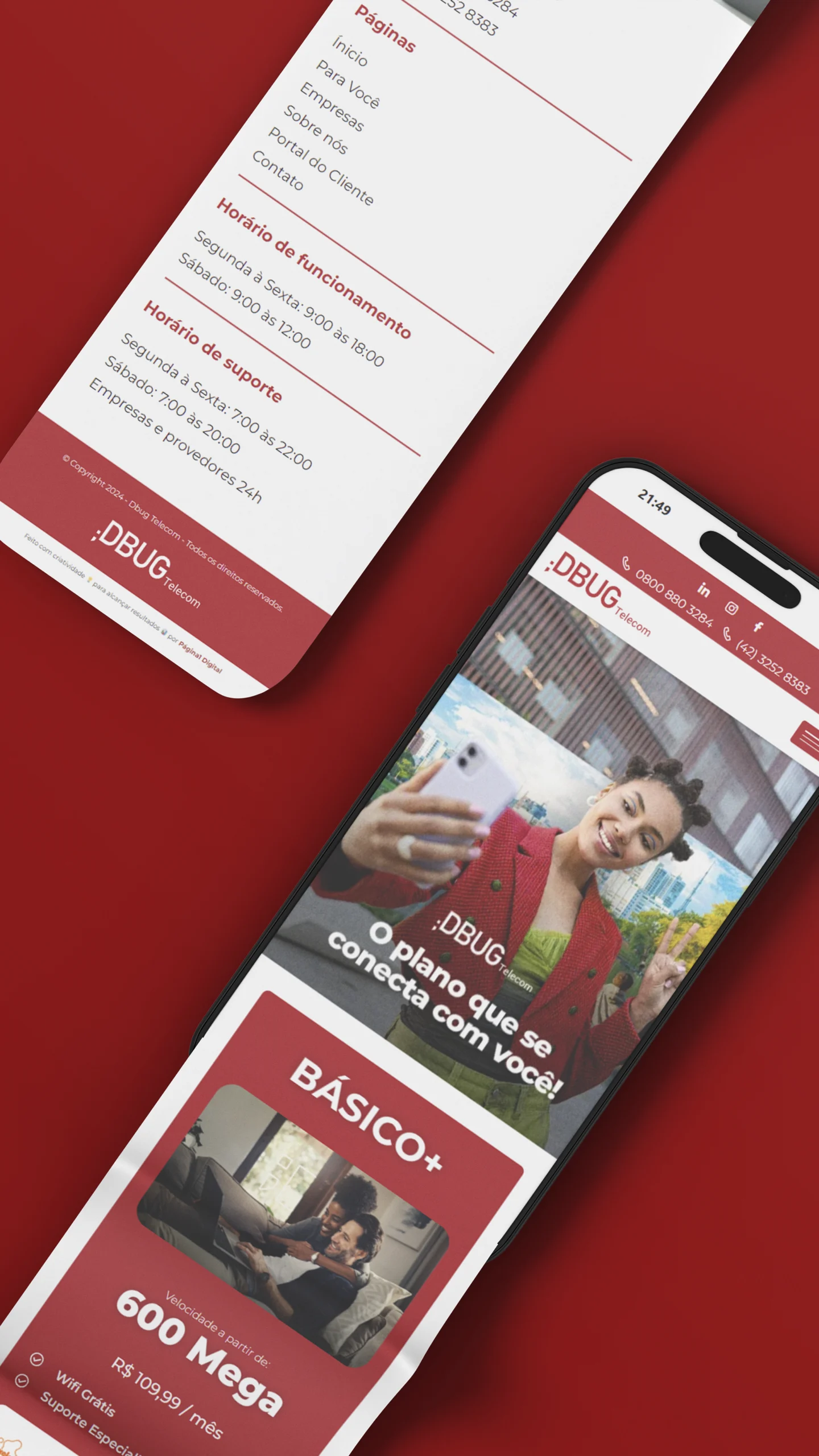 site institucional dbug telecom visualização mobile