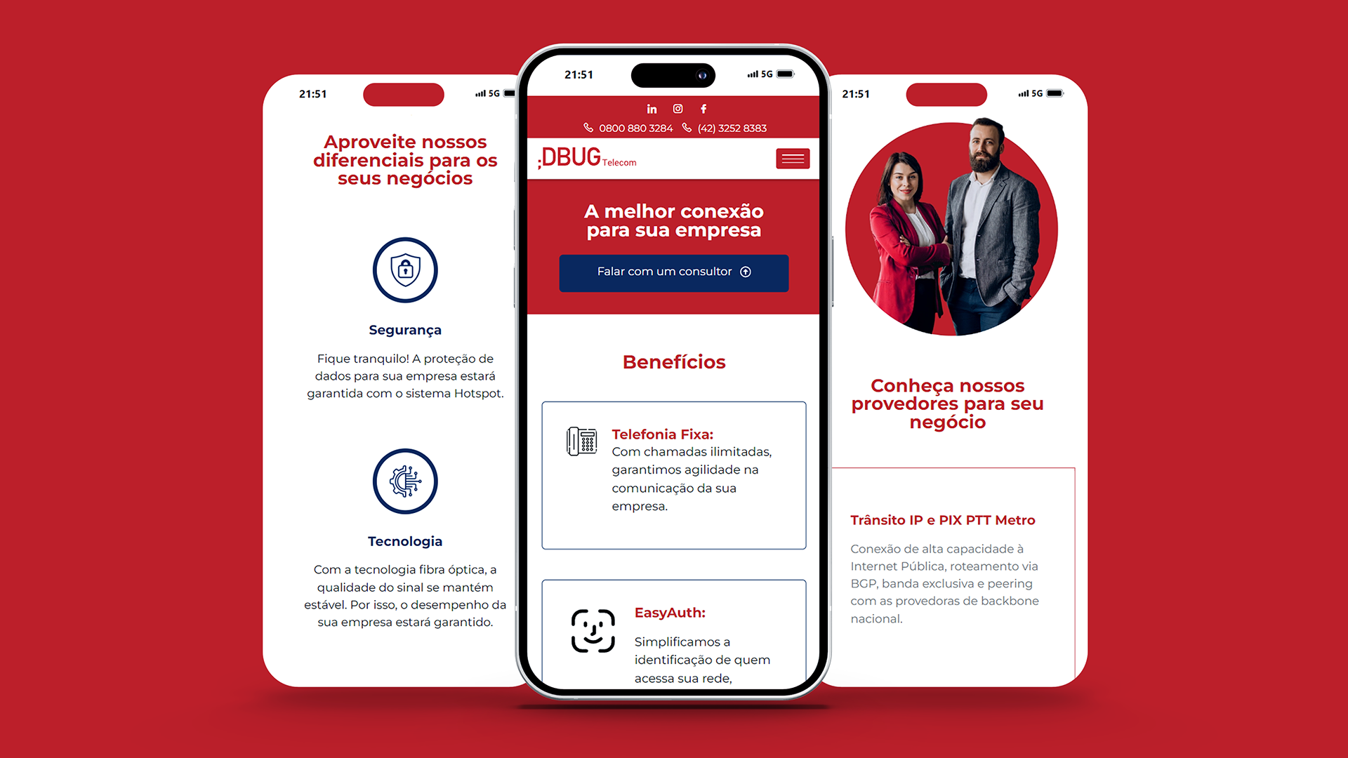site institucional dbug telecom pagina corporativo visualização mobile 