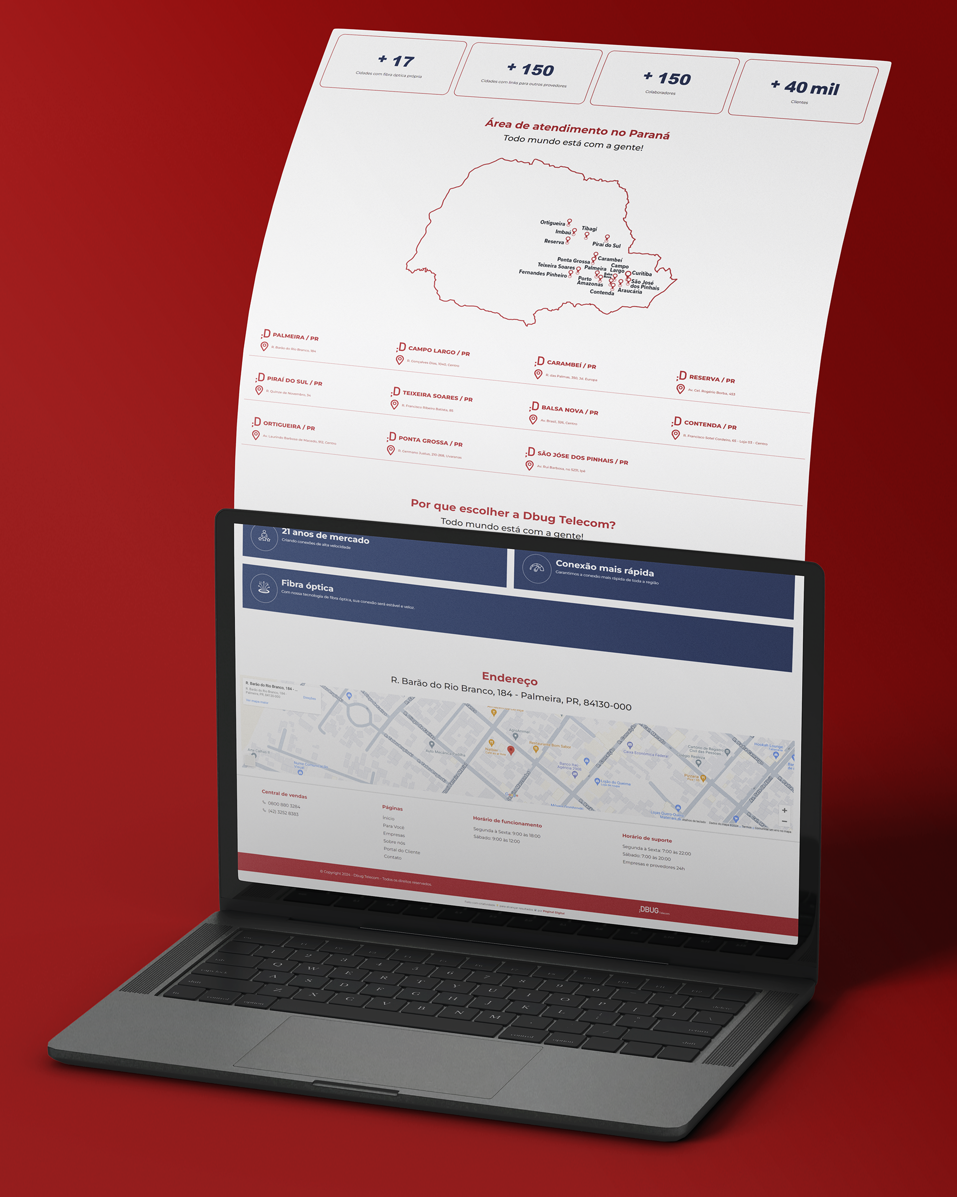 site institucional dbug telecom area de cobertura visualização desktop dispositivo laptop